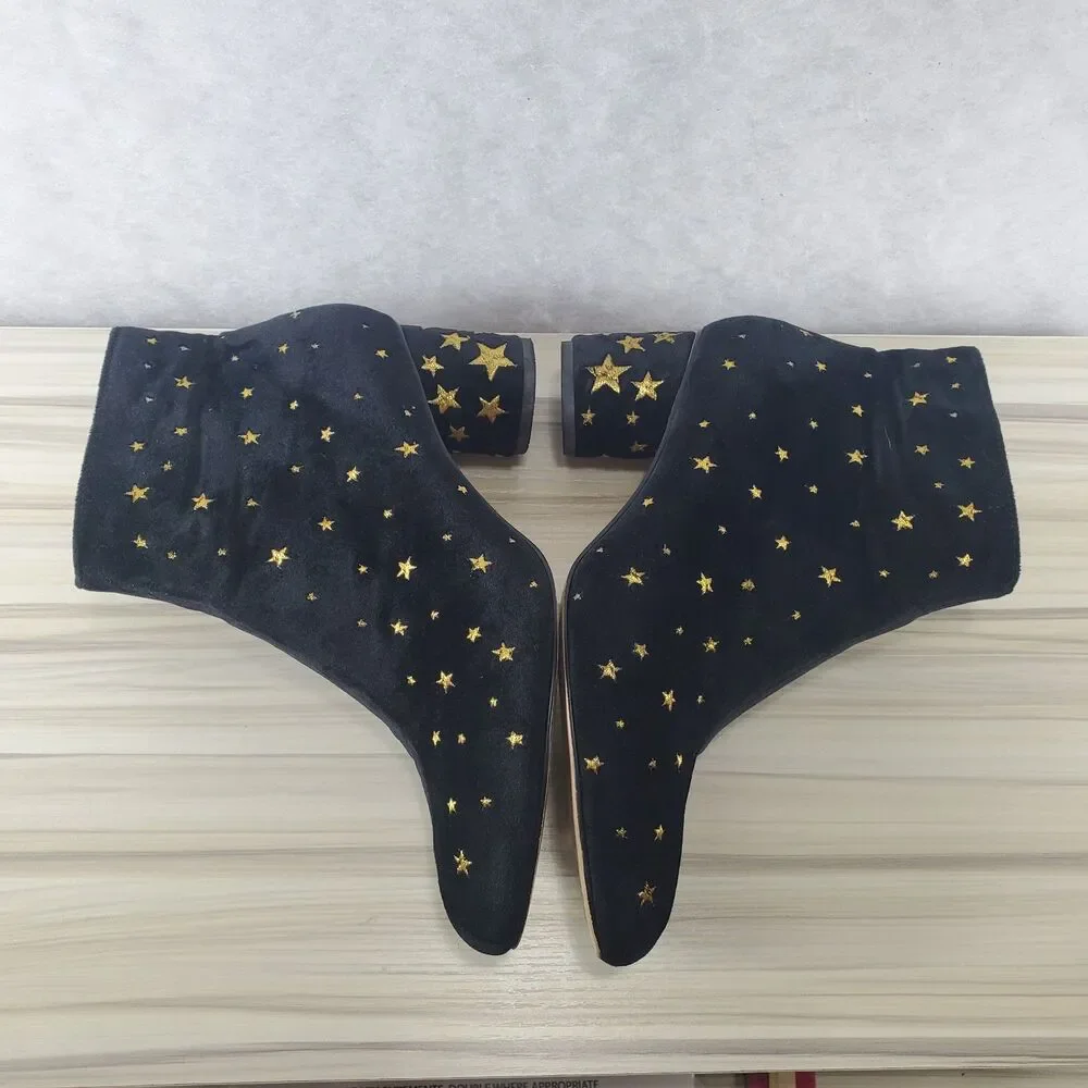 sz 7 Butrich Black Velvet Gold Stars Embroidered Booties Ankle Boots Metallic